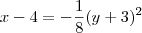 x - 4 = -\frac{1}{8}(y+3)^2 x - 4 = -\frac{1}{8}(y+3)^2