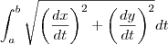 \int_{a}^{b}\sqrt{\left(\frac{dx}{dt}\right)^2+\left(\frac{dy}{dt}\right)^2}dt