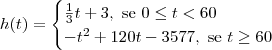 h(t) =
\begin{cases}
\frac{1}{3}t + 3, \textrm{ se } 0 \leq t < 60 \\
-t^2 + 120t - 3577, \textrm{ se } t \geq 60
\end{cases} h(t) =
\begin{cases}
\frac{1}{3}t + 3, \textrm{ se } 0 \leq t < 60 \\
-t^2 + 120t - 3577, \textrm{ se } t \geq 60
\end{cases}