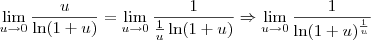 \lim_{u\to0}\frac{u}{\ln(1+u)}=\lim_{u\to0}\frac{1}{\frac{1}{u}\ln(1+u)} \Rightarrow \lim_{u\to0}\frac{1}{\ln(1+u)^{\frac{1}{u}}} \lim_{u\to0}\frac{u}{\ln(1+u)}=\lim_{u\to0}\frac{1}{\frac{1}{u}\ln(1+u)} \Rightarrow \lim_{u\to0}\frac{1}{\ln(1+u)^{\frac{1}{u}}}