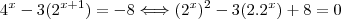 4^x-3(2^{x+1})=-8\Longleftrightarrow (2^x)^2-3(2.2^x)+8=0