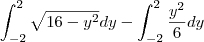 \int_{-2}^{2}\sqrt{16-y^2}dy-\int_{-2}^{2}\frac{y^2}{6}dy \int_{-2}^{2}\sqrt{16-y^2}dy-\int_{-2}^{2}\frac{y^2}{6}dy