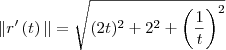 \|r^\prime\left(t \right)\|= \sqrt{(2t)^2 + 2^2 + \left(\frac{1}{t}\right)^2}