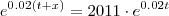 e^{0.02(t+x)}=2011\cdot e^{0.02t} e^{0.02(t+x)}=2011\cdot e^{0.02t}
