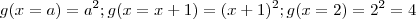 g(x = a)  = a^ 2     ;   g(x = x+1)  = (x+1)^2  ;    g(x=2) = 2^2 = 4