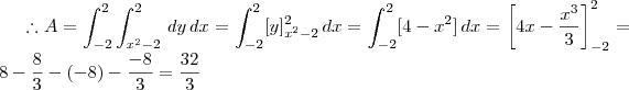 \therefore A = \int_{-2}^2 \int_{x^2 -2}^2 \,dy \,dx = \int_{-2}^2 [y]_{x^2-2}^2 \,dx = \int_{-2}^2 [4 - x^2]\,dx = \left[4x -\frac{x^3}{3}\right]_{-2}^2 = 8 - \frac{8}{3} - (-8) - \frac{-8}{3} = \frac{32}{3}