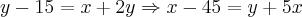 y-15=x+2y \Rightarrow x-45=y+5x