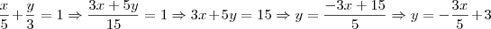 \frac{x}{5} + \frac{y}{3} = 1 \Rightarrow \frac{3x + 5y}{15} = 1 \Rightarrow 3x + 5y = 15 \Rightarrow y = \frac{-3x + 15}{5} \Rightarrow y = -\frac{3x}{5} + 3 \frac{x}{5} + \frac{y}{3} = 1 \Rightarrow \frac{3x + 5y}{15} = 1 \Rightarrow 3x + 5y = 15 \Rightarrow y = \frac{-3x + 15}{5} \Rightarrow y = -\frac{3x}{5} + 3
