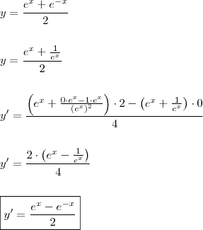\\ y = \frac{e^x + e^{- x}}{2} \\\\\\ y = \frac{e^x + \frac{1}{e^x}}{2} \\\\\\ y' = \frac{\left( e^x + \frac{0 \cdot e^x - 1 \cdot e^x}{(e^x)^2} \right) \cdot 2 - \left( e^x + \frac{1}{e^x} \right) \cdot 0}{4} \\\\\\ y' = \frac{2 \cdot \left( e^x - \frac{1}{e^x} \right)}{4} \\\\\\ \boxed{y' = \frac{e^x - e^{- x}}{2}}