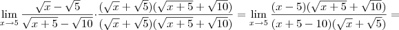 \lim_{x \to 5} \frac{\sqrt{x} - \sqrt{5}}{\sqrt{x+5} - \sqrt{10}} \cdot \frac{(\sqrt{x} + \sqrt{5})(\sqrt{x+5} + \sqrt{10})}{(\sqrt{x} + \sqrt{5})(\sqrt{x+5} + \sqrt{10})} = \lim_{x \to 5} \frac{(x-5)(\sqrt{x+5} + \sqrt{10})}{(x+5-10)(\sqrt{x} + \sqrt{5})} =