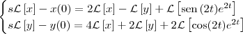 \begin{cases}
s{\cal L}\left[x\right] - x(0) = 2{\cal L}\left[ x\right] - {\cal L}\left[y \right] + {\cal L}\left[\textrm{sen}\,(2t)e^{2t} \right]\\
s{\cal L}\left[y\right] - y(0) = 4{\cal L}\left[ x\right] + 2{\cal L}\left[y \right] + 2{\cal L}\left[\cos(2t)e^{2t} \right] \\
\end{cases}