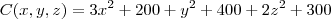 C(x,y,z)=3x^2+200+y^2+400+2z^2+300