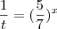 \frac{1}{t}=(\frac{5}{7})^x \frac{1}{t}=(\frac{5}{7})^x