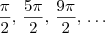 \frac{\pi}{2}, \, \frac{5 \pi}{2}, \, \frac{9 \pi}{2}, \, \ldots \frac{\pi}{2}, \, \frac{5 \pi}{2}, \, \frac{9 \pi}{2}, \, \ldots
