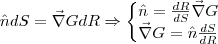 \hat{n}dS = \vec{\nabla} GdR \Rightarrow
\left\{\begin{matrix}
\hat{n} = \frac{dR}{dS} \vec{\nabla}G
\\
\vec{\nabla}G = \hat{n} \frac{dS}{dR}
\end{matrix}\right. \hat{n}dS = \vec{\nabla} GdR \Rightarrow
\left\{\begin{matrix}
\hat{n} = \frac{dR}{dS} \vec{\nabla}G
\\
\vec{\nabla}G = \hat{n} \frac{dS}{dR}
\end{matrix}\right.