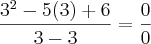 \frac{3^2-5(3)+6}{3-3} = \frac{0}{0} \frac{3^2-5(3)+6}{3-3} = \frac{0}{0}