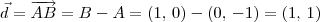 \vec{d} = \overrightarrow{AB} = B - A = (1,\,0) - (0,\,-1) = (1,\, 1) \vec{d} = \overrightarrow{AB} = B - A = (1,\,0) - (0,\,-1) = (1,\, 1)