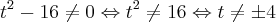 t^{2} - 16 \neq 0 \Leftrightarrow t^{2} \neq 16 \Leftrightarrow t\neq \pm 4 t^{2} - 16 \neq 0 \Leftrightarrow t^{2} \neq 16 \Leftrightarrow t\neq \pm 4