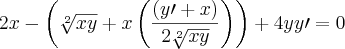 2x - \left(\sqrt[2]{xy} + x\left(\frac{\left(y\prime + x \right)}{2\sqrt[2]{xy}} \right)\right) + 4yy\prime = 0