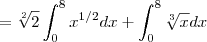 =\sqrt[2]{2}\int_{0}^{8}{x}^{1/2}dx + \int_{0}^{8}\sqrt[3]{x}dx