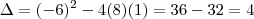 \Delta = (-6)^2 -4 (8) (1) = 36 - 32 = 4