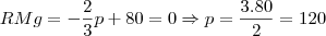 RMg = -\frac{2}{3}p+80 = 0 \Rightarrow p=\frac{3.80}{2} = 120 RMg = -\frac{2}{3}p+80 = 0 \Rightarrow p=\frac{3.80}{2} = 120