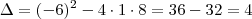\Delta=(-6)^2-4\cdot1\cdot8=36-32=4 \Delta=(-6)^2-4\cdot1\cdot8=36-32=4
