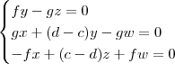 \begin{cases} fy - gz = 0 \\ gx + (d- c)y - gw = 0 \\ -fx + (c - d)z + fw = 0\end{cases} \begin{cases} fy - gz = 0 \\ gx + (d- c)y - gw = 0 \\ -fx + (c - d)z + fw = 0\end{cases}