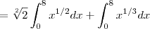 =\sqrt[2]{2}\int_{0}^{8}{x}^{1/2}dx + \int_{0}^{8}{x}^{1/3}dx