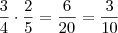\frac{3}{4} \cdot \frac{2}{5} = \frac{6}{20} = \dfrac{3}{10} \frac{3}{4} \cdot \frac{2}{5} = \frac{6}{20} = \dfrac{3}{10}