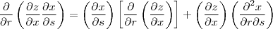 \frac{\partial }{\partial r}  \left (\frac{\partial z}{\partial x}\frac{\partial x}{\partial s}\right)  = \left (\frac{\partial x}{\partial s}  \right )\left [ \frac{\partial }{\partial r}\left (\frac{\partial z}{\partial x}  \right ) \right ]  + \left (\frac{\partial z}{\partial x}  \right ) \left (\frac{\partial^2 x}{\partial r \partial s}
  \right )