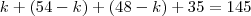 k + (54 - k) + (48 - k) + 35 = 145