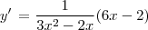 y'\,=\frac{1}{3x^2-2x}(6x-2) y'\,=\frac{1}{3x^2-2x}(6x-2)