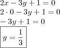 \\ 2x - 3y + 1 = 0 \\ 2 \cdot 0 - 3y + 1 = 0 \\- 3y + 1 = 0 \\ \boxed{y = \frac{1}{3}} \\ 2x - 3y + 1 = 0 \\ 2 \cdot 0 - 3y + 1 = 0 \\- 3y + 1 = 0 \\ \boxed{y = \frac{1}{3}}