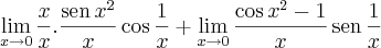 \lim_{x \to 0} \frac{x}{x}.\dfrac{\textrm{sen}\, x^2}{x} \cos \frac{1}{x} + \lim_{x \to 0} \dfrac{\cos x^2 - 1}{x}\,\textrm{sen}\, \frac{1}{x} \lim_{x \to 0} \frac{x}{x}.\dfrac{\textrm{sen}\, x^2}{x} \cos \frac{1}{x} + \lim_{x \to 0} \dfrac{\cos x^2 - 1}{x}\,\textrm{sen}\, \frac{1}{x}