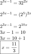 \\ 2^{3x - 1} = 32^{2x} \\\\ 2^{3x - 1} = (2^5)^{2x} \\\\ 2^{3x - 1} = 2^{10x} \\ 3x - 1 = 10 \\ 3x = 10 + 1 \\ \boxed{x = \frac{11}{3}} \\ 2^{3x - 1} = 32^{2x} \\\\ 2^{3x - 1} = (2^5)^{2x} \\\\ 2^{3x - 1} = 2^{10x} \\ 3x - 1 = 10 \\ 3x = 10 + 1 \\ \boxed{x = \frac{11}{3}}