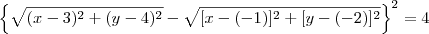 \left\{\sqrt{(x-3)^2 + (y-4)^2} - \sqrt{[x-(-1)]^2 + [y-(-2)]^2}\right\}^2 = 4