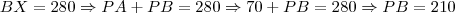 BX=280 \Rightarrow PA + PB = 280 \Rightarrow 70 + PB = 280 \Rightarrow PB = 210 BX=280 \Rightarrow PA + PB = 280 \Rightarrow 70 + PB = 280 \Rightarrow PB = 210