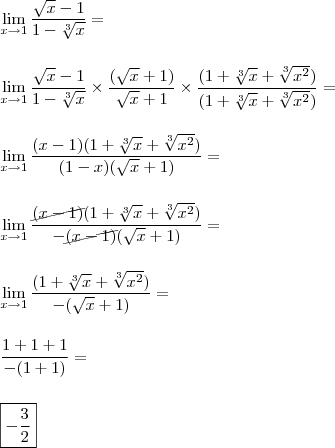 \\ \lim_{x \to 1} \frac{\sqrt{x} - 1}{1 - \sqrt[3]{x}} = \\\\\\ \lim_{x \to 1} \frac{\sqrt{x} - 1}{1 - \sqrt[3]{x}} \times \frac{(\sqrt{x} + 1)}{\sqrt{x} + 1} \times \frac{(1 + \sqrt[3]{x} + \sqrt[3]{x^2})}{(1 + \sqrt[3]{x} + \sqrt[3]{x^2})} = \\\\\\ \lim_{x \to 1} \frac{(x - 1)(1 + \sqrt[3]{x} + \sqrt[3]{x^2})}{(1 - x)(\sqrt{x} + 1)} = \\\\\\ \lim_{x \to 1} \frac{\cancel{(x - 1)}(1 + \sqrt[3]{x} + \sqrt[3]{x^2})}{- \cancel{(x - 1)}(\sqrt{x} + 1)} = \\\\\\ \lim_{x \to 1} \frac{(1 + \sqrt[3]{x} + \sqrt[3]{x^2})}{- (\sqrt{x} + 1)} = \\\\\\ \frac{1 + 1 + 1}{- (1 + 1)} = \\\\\\ \boxed{- \frac{3}{2}}