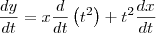\frac{dy}{dt} = x\frac{d }{dt}\left(t^2\right) + t^2 \frac{dx}{dt} \frac{dy}{dt} = x\frac{d }{dt}\left(t^2\right) + t^2 \frac{dx}{dt}