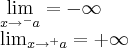 \lim_{x\rightarrow ^- a} = - \infty
\lim_{x \rightarrow ^+ a} = + \infty \lim_{x\rightarrow ^- a} = - \infty
\lim_{x \rightarrow ^+ a} = + \infty