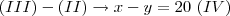 (III)-(II)\rightarrow x-y=20\,\,(IV)