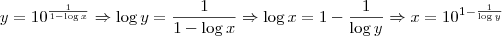 y=10^\frac{1}{1-\log x} \Rightarrow \log y = \frac{1}{1 - \log x} \Rightarrow \log x = 1 - \frac{1}{\log y} \Rightarrow x = 10^{1 - \frac{1}{\log y}} y=10^\frac{1}{1-\log x} \Rightarrow \log y = \frac{1}{1 - \log x} \Rightarrow \log x = 1 - \frac{1}{\log y} \Rightarrow x = 10^{1 - \frac{1}{\log y}}
