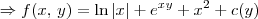 \Rightarrow f(x,\,y) = \ln |x| + e^{xy} + x^2 + c(y) \Rightarrow f(x,\,y) = \ln |x| + e^{xy} + x^2 + c(y)