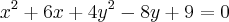 {x}^{2}+6x+{4y}^{2}-8y+9=0 {x}^{2}+6x+{4y}^{2}-8y+9=0