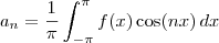 a_n = \frac{1}{\pi}\int_{-\pi}^\pi f(x)\cos(nx)\, dx a_n = \frac{1}{\pi}\int_{-\pi}^\pi f(x)\cos(nx)\, dx