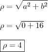 \\ \rho = \sqrt{a^2 + b^2} \\\\ \rho = \sqrt{0 + 16} \\\\ \boxed{\rho = 4}