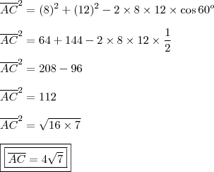 \\ \overline{AC}^2 = (8)^2 + (12)^2 - 2 \times 8 \times 12 \times \cos 60^o \\\\ \overline{AC}^2 = 64 + 144 - 2 \times 8 \times 12 \times \frac{1}{2} \\\\ \overline{AC}^2 = 208 - 96 \\\\ \overline{AC}^2 = 112 \\\\ \overline{AC}^2 = \sqrt{16 \times 7} \\\\ \boxed{\boxed{\overline{AC} = 4\sqrt{7}}} \\ \overline{AC}^2 = (8)^2 + (12)^2 - 2 \times 8 \times 12 \times \cos 60^o \\\\ \overline{AC}^2 = 64 + 144 - 2 \times 8 \times 12 \times \frac{1}{2} \\\\ \overline{AC}^2 = 208 - 96 \\\\ \overline{AC}^2 = 112 \\\\ \overline{AC}^2 = \sqrt{16 \times 7} \\\\ \boxed{\boxed{\overline{AC} = 4\sqrt{7}}}