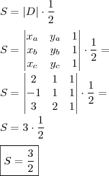 \\ S = |D| \cdot \frac{1}{2} \\\\ S = \begin{vmatrix}x_a & y_a & 1 \\ x_b & y_b & 1 \\ x_c & y_c & 1 \end{vmatrix} \cdot \frac{1}{2} = \\\\ S = \begin{vmatrix}2 & 1 & 1 \\ - 1 & 1 & 1 \\ 3 & 2 & 1 \end{vmatrix} \cdot \frac{1}{2} = \\\\ S = 3 \cdot \frac{1}{2} \\\\ \boxed{S = \frac{3}{2}} \\ S = |D| \cdot \frac{1}{2} \\\\ S = \begin{vmatrix}x_a & y_a & 1 \\ x_b & y_b & 1 \\ x_c & y_c & 1 \end{vmatrix} \cdot \frac{1}{2} = \\\\ S = \begin{vmatrix}2 & 1 & 1 \\ - 1 & 1 & 1 \\ 3 & 2 & 1 \end{vmatrix} \cdot \frac{1}{2} = \\\\ S = 3 \cdot \frac{1}{2} \\\\ \boxed{S = \frac{3}{2}}