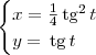 \begin{cases}x = \frac{1}{4}\,\textrm{tg}^2\,t \\ y = \,\textrm{tg} \,t\end{cases}